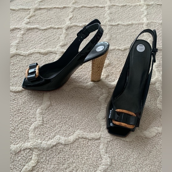 Stuart Weitzman black patent sling back peep toe block bamboo woven heels 7.5 M - Picture 2 of 8